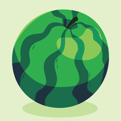 Illustration of a whole watermelon with green stripes on a light green background, showing a simple shadow.