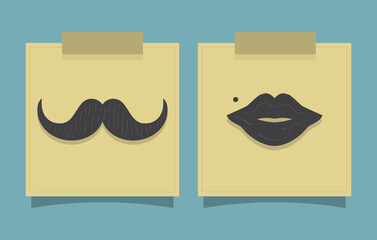 Cute retro black isolated mustache and lady lip with a mole on square sticky notes taped on a teal background poster 