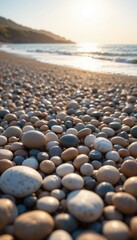 Obraz premium Pebble beach with ocean waves and sunset coastline