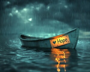 paper boat labeled "Hope" floating on rainy water. emotional illustration