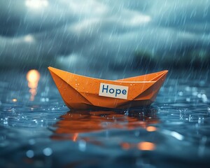 paper boat labeled "Hope" floating on rainy water. emotional illustration