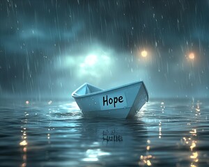 paper boat labeled "Hope" floating on rainy water. emotional illustration