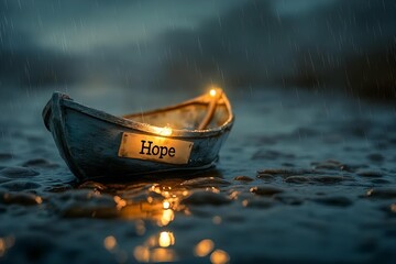 paper boat labeled "Hope" floating on rainy water. emotional illustration