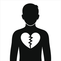 Minimalist Black Silhouette of Man with Broken Heart - Symbol of Male Sadness & Heartbreak