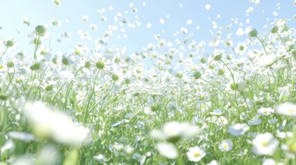 Bright Field of White Flowers Under Clear Blue Sky in Springtime