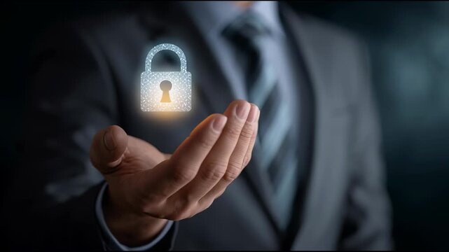 Data Security in Hand: A professional in a crisp suit presents a luminous padlock, symbolizing the safeguarding of digital assets and the concept of secure information and cyber protection.