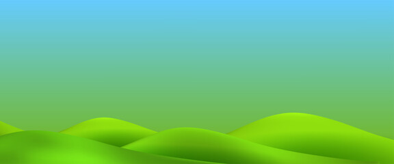 3D  landscape with green hills, mountains, and a textured grass field creates a playful eco friendly park scene.