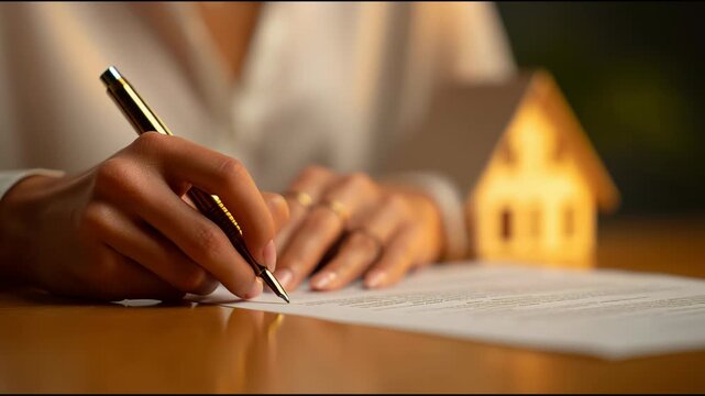 Signing the Dream: A close-up shot captures a hand meticulously signing a document, symbolizing the commitment to home ownership or the finalization of a significant contract. Alongside.