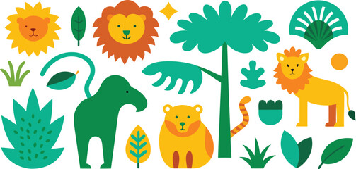 Fototapeta premium Vector art of a vibrant collection of jungle animals and plants in a flat, illustrative style isolated on transparent background.