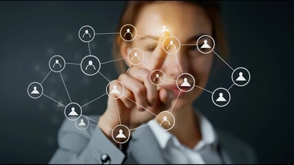 Network Connections: A woman in a suit is touching a digital graphic of connected network with icon, depicting the strength of human connection and social media reach. - Powered by Adobe