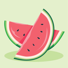 Two watermelon slices overlapping each other, displaying the red flesh, black seeds, green rind, and light green background.