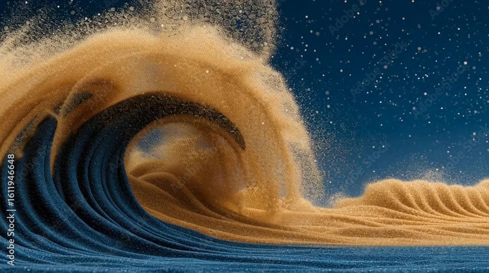 Poster dynamic wave formation created with sand and blue textures, capturing the essence of movement and fl