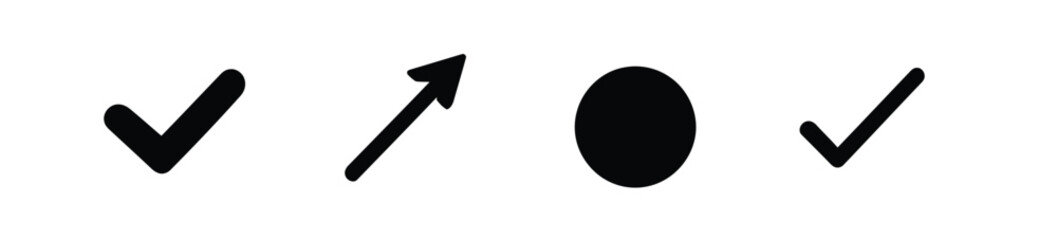 A minimalist set of black universal icons featuring checkmarks for approval, an upward arrow for direction, and a solid circle for selection, isolated on a white background.