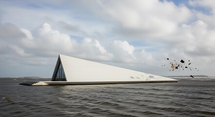 Modern triangular building on the water under a cloudy sky