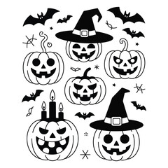 Black and white vector bundle of jack-o-lanterns with witch hats, inner candles, bats flying around, creepy carved smiles, and broken teeth