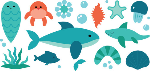Fototapeta premium Vector art of an enchanting underwater scene filled with marine life and aquatic elements in a charming illustration isolated on transparent background.