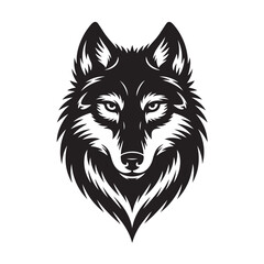 A black and white vector illustration depicts a tribal wolf   head and sunglass vector illustration,illustration of fierce wolf head facing forward with intense expression and sharp fur detailing 