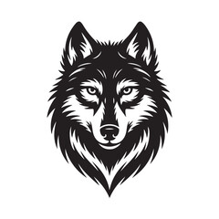 A black and white vector illustration depicts a tribal wolf   head and sunglass vector illustration,illustration of fierce wolf head facing forward with intense expression and sharp fur detailing 