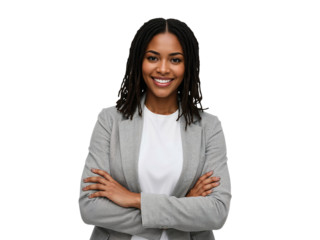 Confident woman portrait showcasing professional elegance against an isolated design space