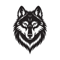 A black and white vector illustration depicts a tribal wolf   head and sunglass vector illustration,illustration of fierce wolf head facing forward with intense expression and sharp fur detailing 