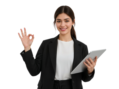 Confident professional woman showcasing okay gesture holding tablet in isolated transparent studio