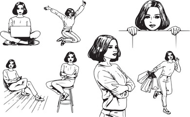 A Variety of Women in Different Poses Depicted in Black and White Illustrations