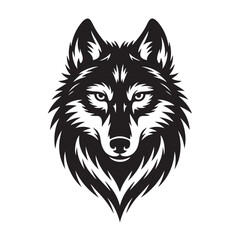 A black and white vector illustration depicts a tribal wolf   head and sunglass vector illustration,illustration of fierce wolf head facing forward with intense expression and sharp fur detailing 