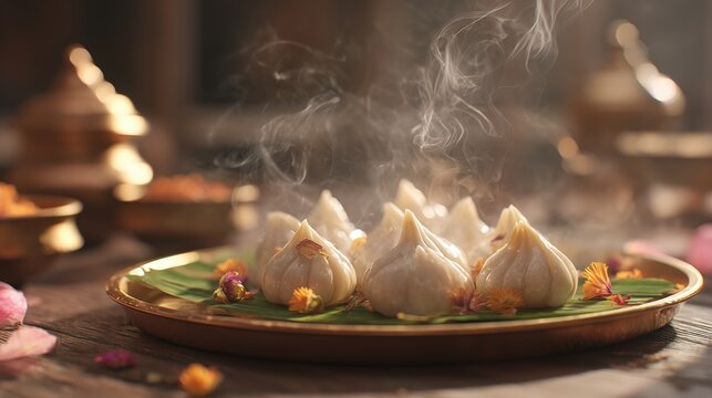 Steaming hot modaks served on banana leaf for Ganesh Chaturthi celebration