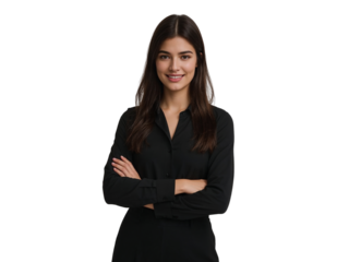 Confident brunette woman with crossed arms against an isolated transparent presentation backdrop