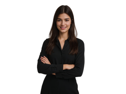 Confident brunette woman with crossed arms against an isolated transparent presentation backdrop