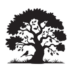 A black and white silhouette illustration of two tall Southern live oak trees,Silhouette illustration of a majestic tree featuring branches leaves,Majestic oak tree silhouette
