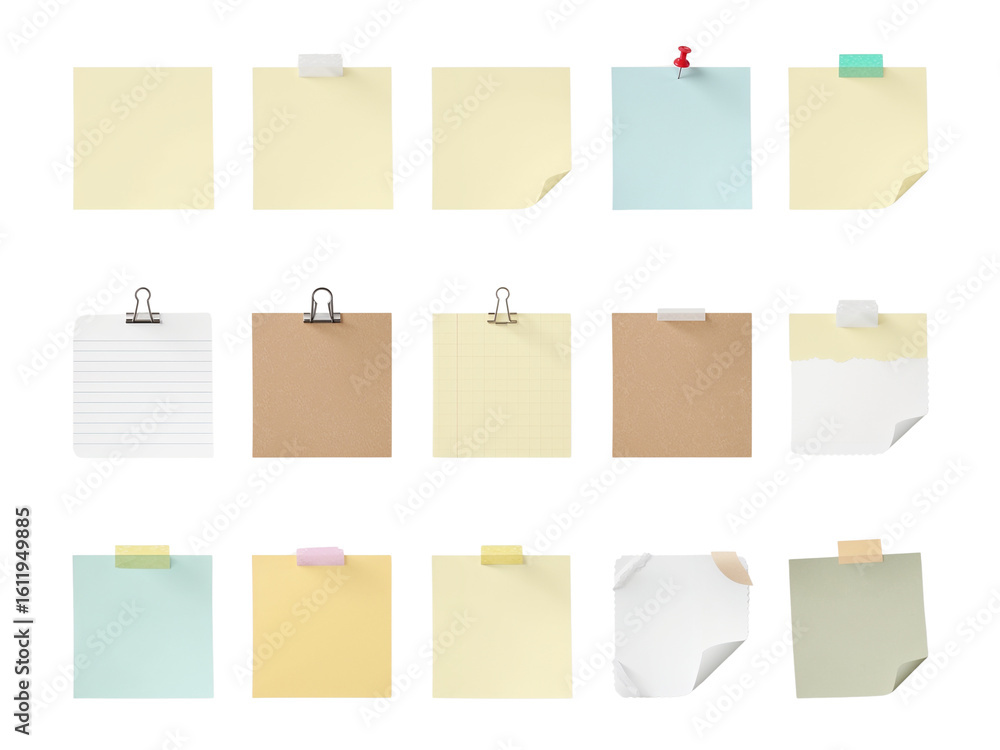 Poster assorted colorful sticky notes and paper reminders organized on transparent background for
