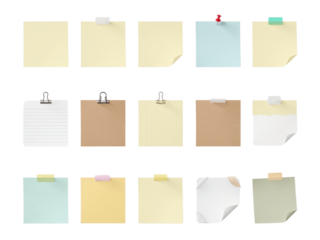 Assorted colorful sticky notes and paper reminders organized on transparent background for