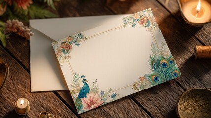 Krishna Janmashtami greeting card with floral design, peacock, and feather border