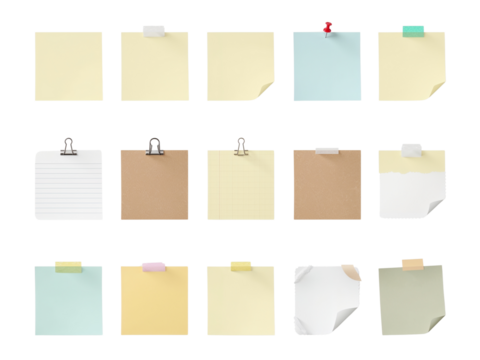 Assorted colorful sticky notes and paper reminders organized on transparent background for