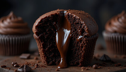 Rich Chocolate Lava Cupcake with Melted Ganache Filling and Glossy Topping on Dark Background