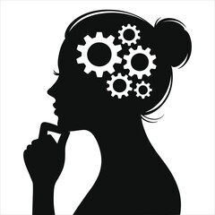 Thinking Mind Silhouette: A Vector of a Woman with Gears in Her Head, Representing Thought and Innovation