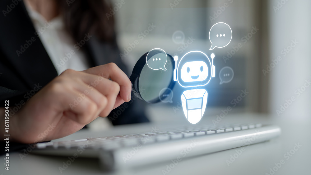 Poster ai chatbot virtual assistant interacting with users through ai conversation bubbles, symbolizing ai 