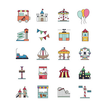 Theme Park Vector Icon Collection &ndash; Ferris Wheel, Roller Coaster, Rides