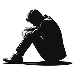 Solitude Silhouette: A Vector of a Man Sitting Alone, Depicting Sadness and Despair