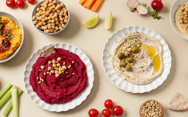  Different types of hummus in bowls and plates. Beetroot, pumpkin, chickpea and bean hummus. 