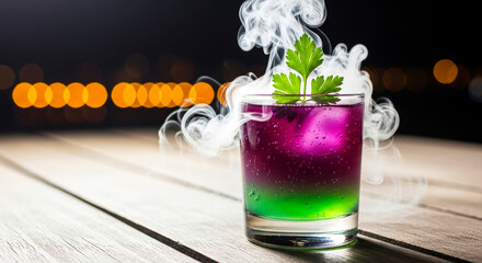 Colorful Smoke Cocktail with Garnish on Wooden Surface at Night