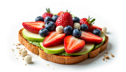 Fresh fruit toast topped with strawberries, blueberries, and apples  