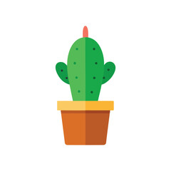 Cute Green Cactus in a Brown Pot with Pink Flower on Top on white background