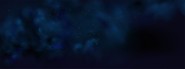 Obraz premium Luxury navy blue night sky background with golden stars, magical glitter, and bokeh sparkle. 