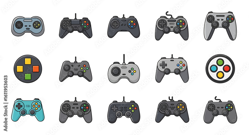 Poster vector icons set of collection of colorful cartoon video game controllers retro and modern gamepad i