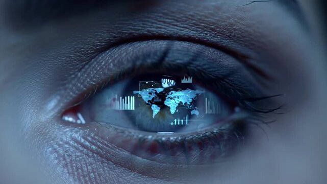 Close-up of an eye with holographic data projected onto the iris