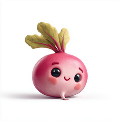 Stylized 3D radish with vibrant leaves and glossy texture. Cute and whimsical vegetable character on white background
