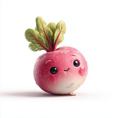 Stylized 3D radish with vibrant leaves and glossy texture. Cute and whimsical vegetable character on white background