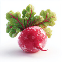 Stylized 3D radish with vibrant leaves and glossy texture. Cute and whimsical vegetable character on white background
